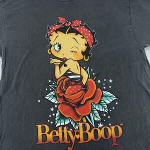 Betty Boop Shirt Womens Large Black Red Rose Graphic Cartoon Tee